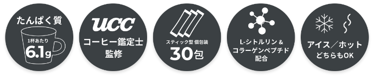 たんぱく質1杯あたり6.1g,コーヒー鑑定士監修,スティック型 個包装25包,L-シトルリン&コラーゲンペプチド配合,アイス／ホットどちらもOK