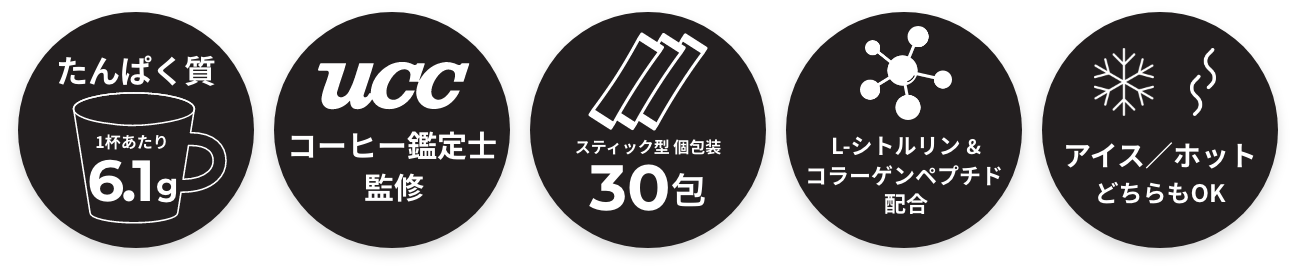 たんぱく質1杯あたり6.1g,コーヒー鑑定士監修,スティック型 個包装30包,L-シトルリン&コラーゲンペプチド配合,アイス/ホットどちらもOK