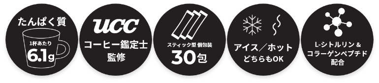 たんぱく質1杯あたり6.1g,コーヒー鑑定士監修,スティック型 個包装30包,L-シトルリン&コラーゲンペプチド配合,アイス／ホットどちらもOK